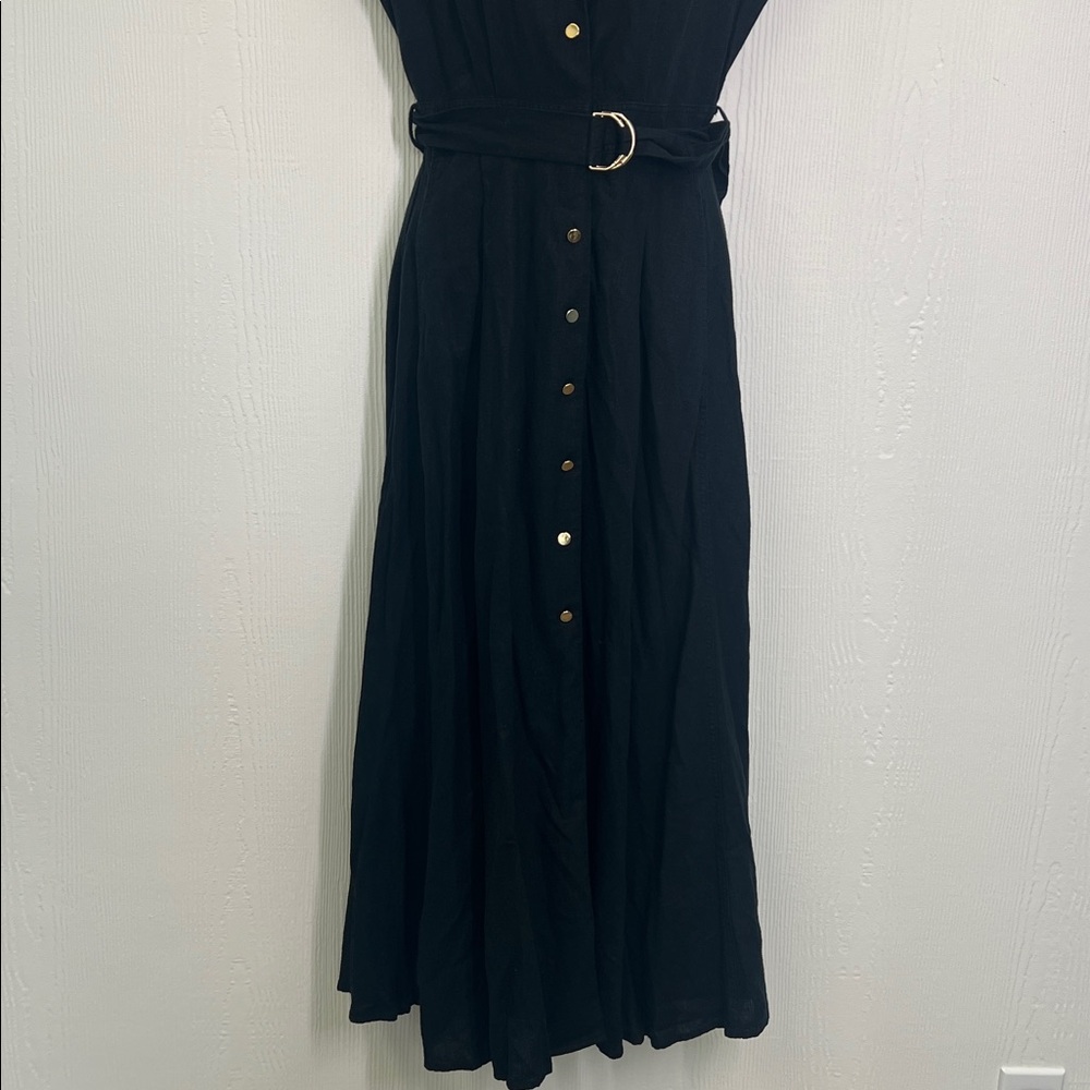 Zara - Black Linen Blend Short Sleeve Golden Button Belted Maxi Dress Size Small - Picture 7 of 10